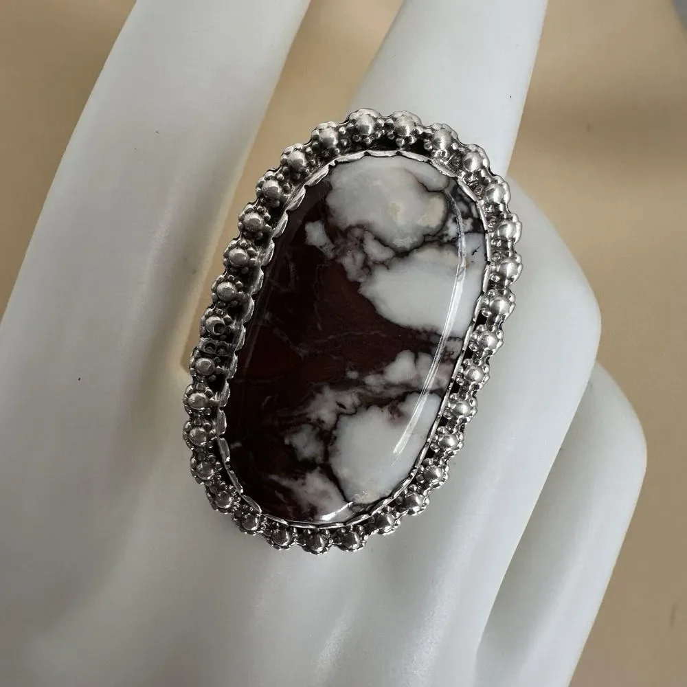 VTG Navajo James Shay Ring Wild Horse Stone Size 8.5 Sterling Silver Floral 9.9g
